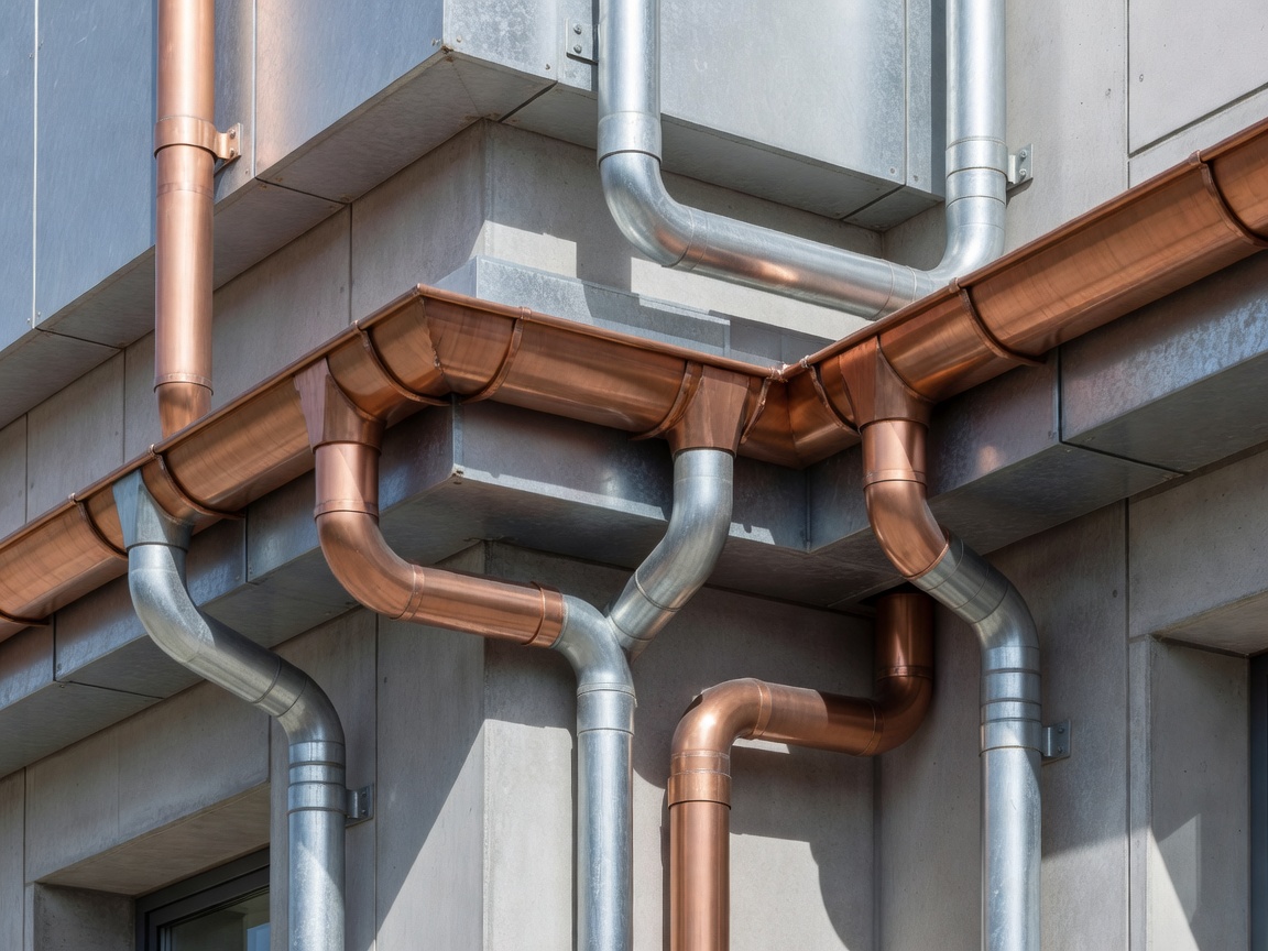 Engineered copper and zinc seamless guttering and downpipe network