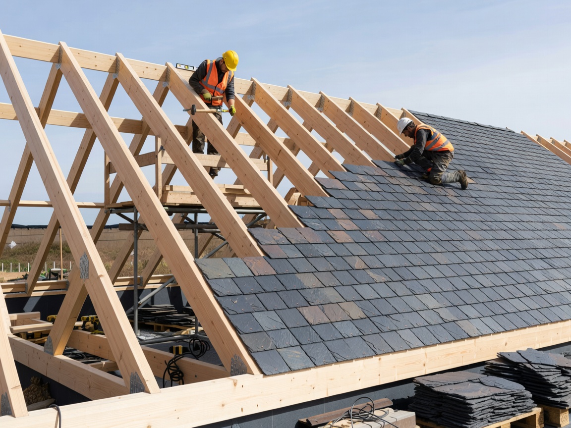 Engineered timber rafter reconstruction and natural slate roofing application