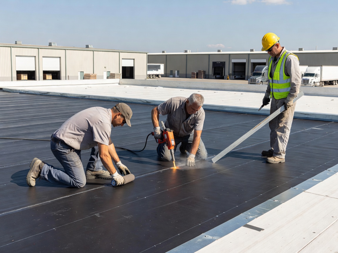 Flat roofing waterproof membrane heat-welding on commercial logistics center