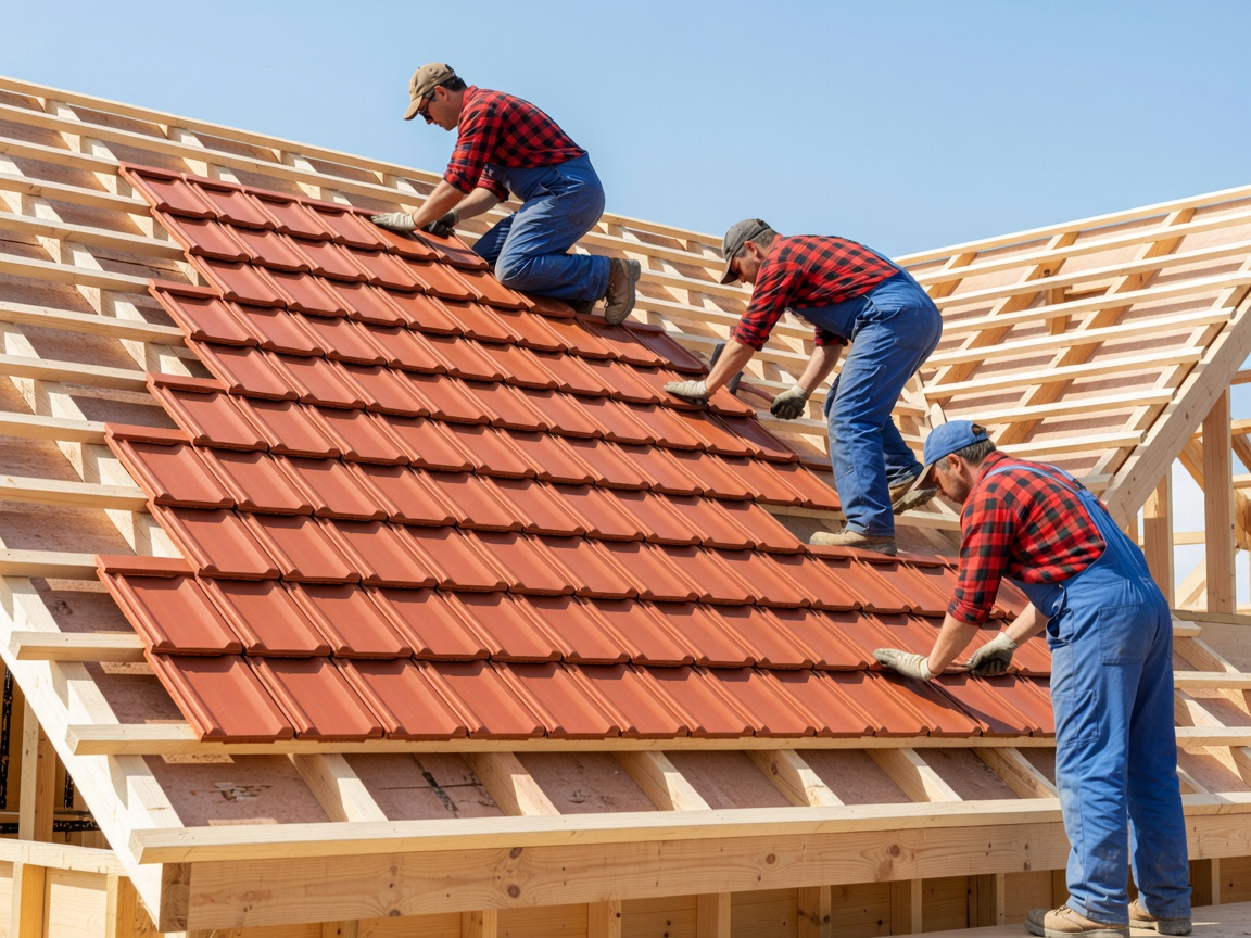 Master roofers installing interlocking ceramic clay tiles on newly ventilated timber rafters