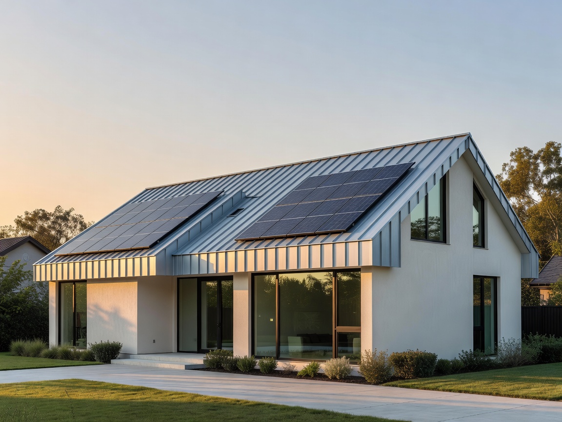 Modern contemporary residential home with standing seam zinc titanium roof and integrated solar flashing