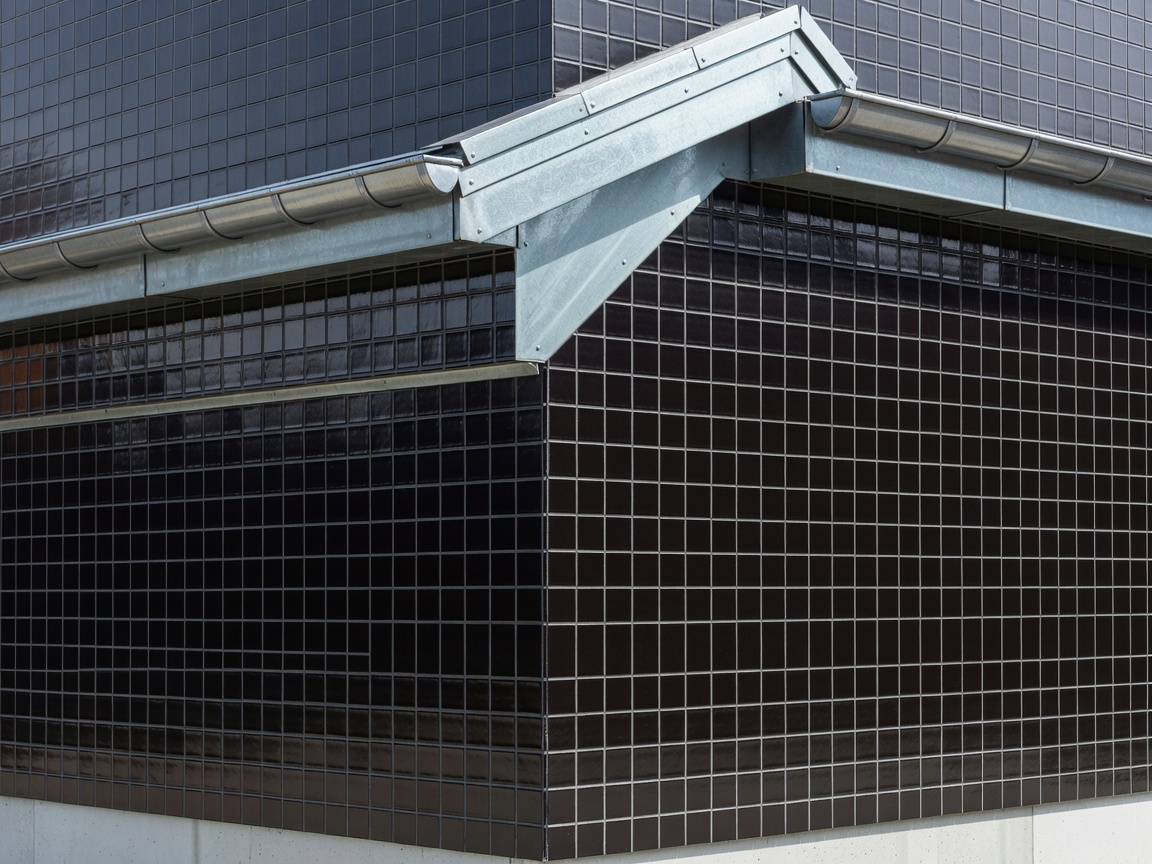 Residential restoration featuring black glazed ceramic tiles and custom zinc rainwater gutter system