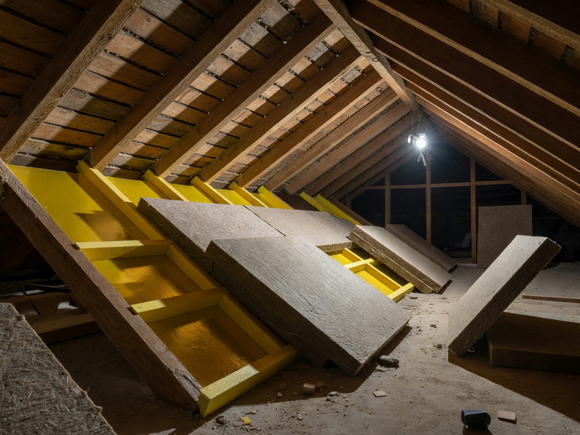Roof attic thermal insulation barrier installation with PIR and mineral wool boards