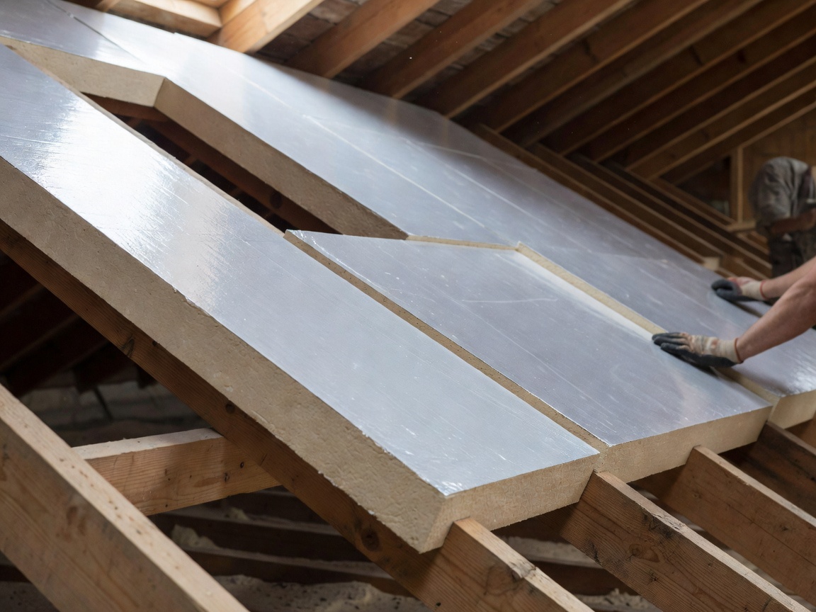 Roof insulation installation using rigid PIR insulation boards over timber rafters